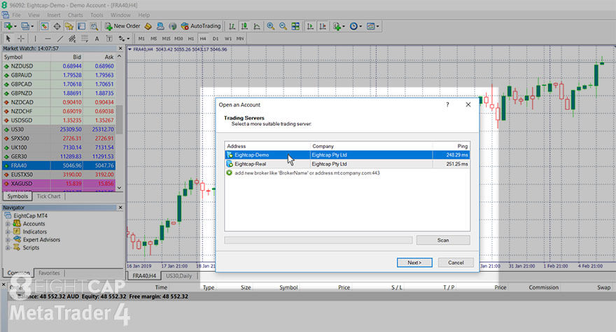 A screenshot of the Open an Account window, trading servers screen in MT4